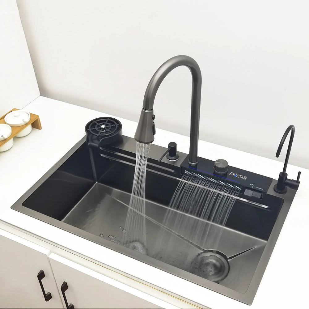 CascadePro Stainless Steel Waterfall Kitchen Sink – LED-Enhanced, Multi-Functional Sink - TrendzyShop