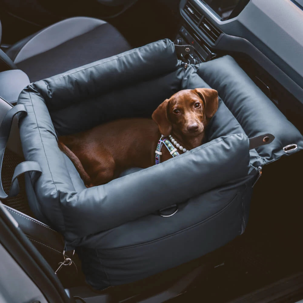 Vintage Denim Dog Car Seat Bed – Travel Safety Bolster with Safety Buckle