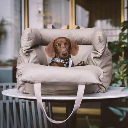 Vintage Denim Dog Car Seat Bed – Travel Safety Bolster with Safety Buckle