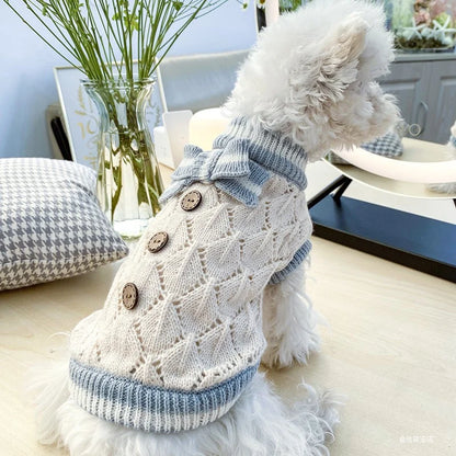 Autumn Knitted Sweater – Blue Bow Pullover for Small & Medium Dogs and Cats